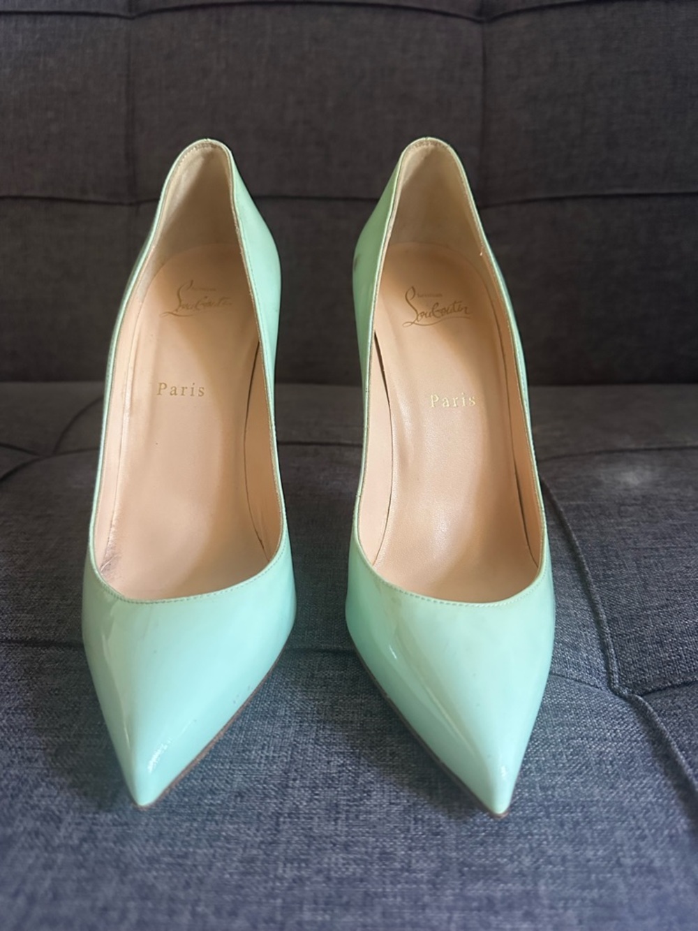 Christian Louboutin Mint Green Patent Leather Pointed-Toe Stilettos 40 Authentic
